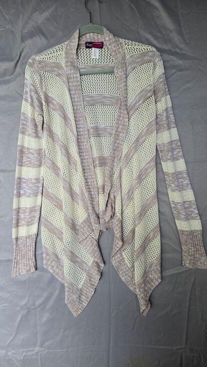 Say What? Sweaters - Say What? Cardigan Sweater Juniors Medium Beige Stripe Open Knit Long Sleeve